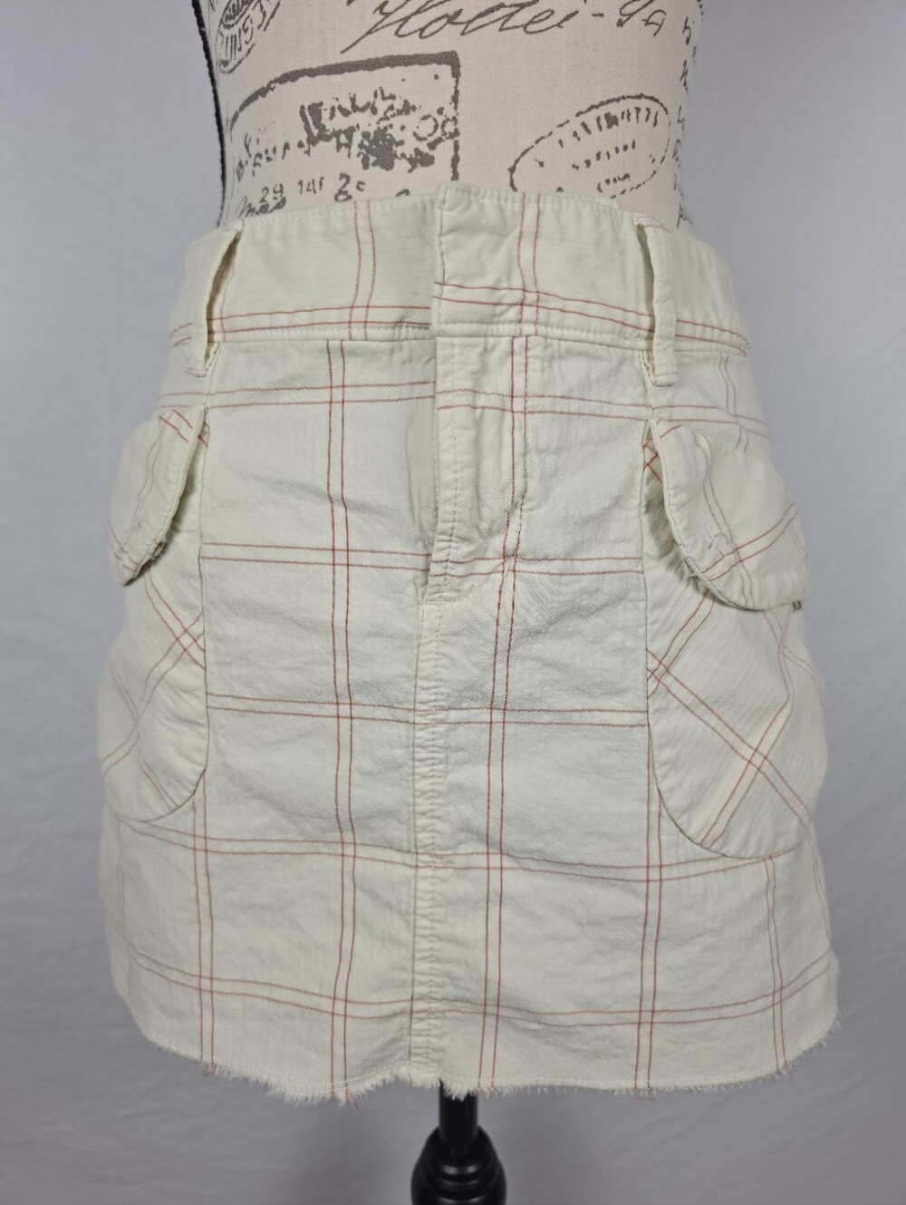 Free People Cream Plaid Mini Skirt Raw Hem Cotton Size 2